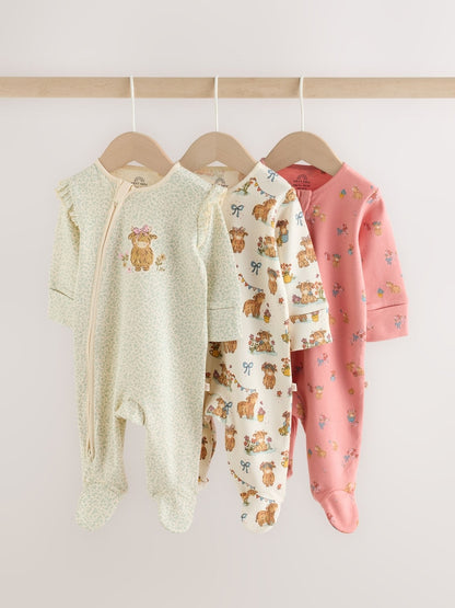 Pink/Green Hamish Two Way Zip Baby Sleepsuits 3 Pack (0-3yrs) - Pink/Green Hamish / Up to 1 Month (50-56cm)
