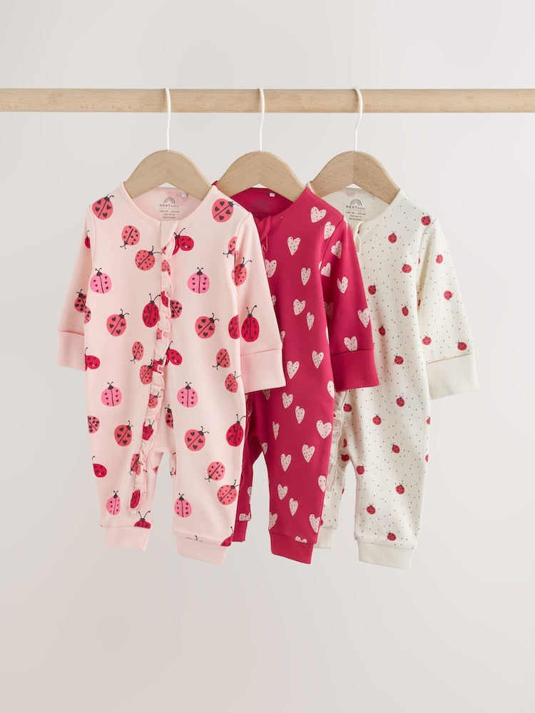 Red Ladybird Two Way Zip Baby Sleepsuit 3 Pack (0mths-3yrs) - Up to 1 Month (50-56cm)