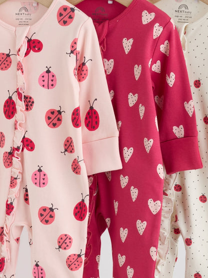 Red Ladybird Two Way Zip Baby Sleepsuit 3 Pack (0mths-3yrs)