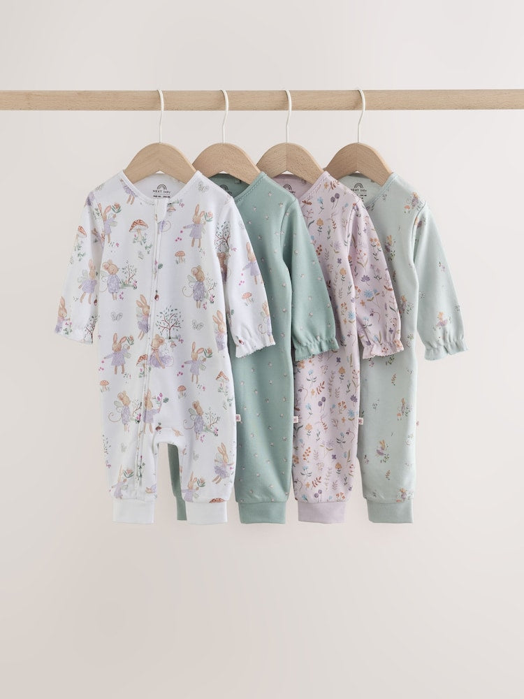Lilac/Sage Fairy Mouse Two Way Zip Baby Sleepsuits 4 Pack (0mths-3yrs) - Up to 1 Month (50-56cm)