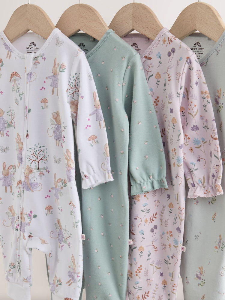 Lilac/Sage Fairy Mouse Two Way Zip Baby Sleepsuits 4 Pack (0mths-3yrs)