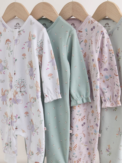 Lilac/Sage Fairy Mouse Two Way Zip Baby Sleepsuits 4 Pack (0mths-3yrs)