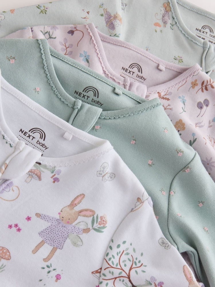 Lilac/Sage Fairy Mouse Two Way Zip Baby Sleepsuits 4 Pack (0mths-3yrs)