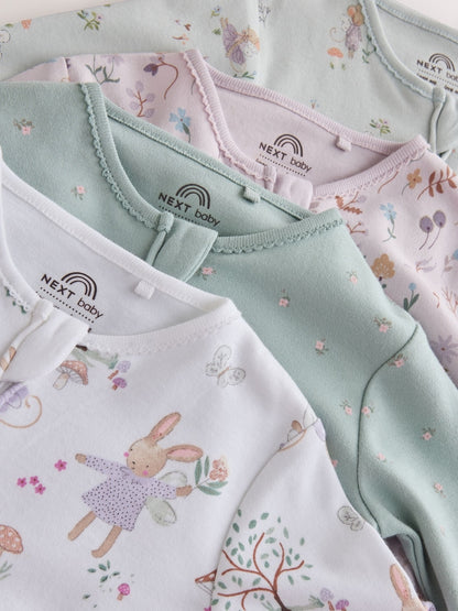 Lilac/Sage Fairy Mouse Two Way Zip Baby Sleepsuits 4 Pack (0mths-3yrs)
