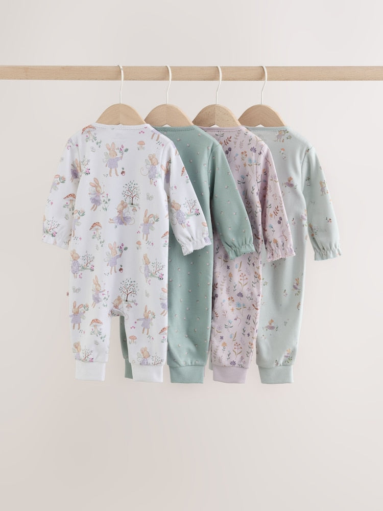 Lilac/Sage Fairy Mouse Two Way Zip Baby Sleepsuits 4 Pack (0mths-3yrs)