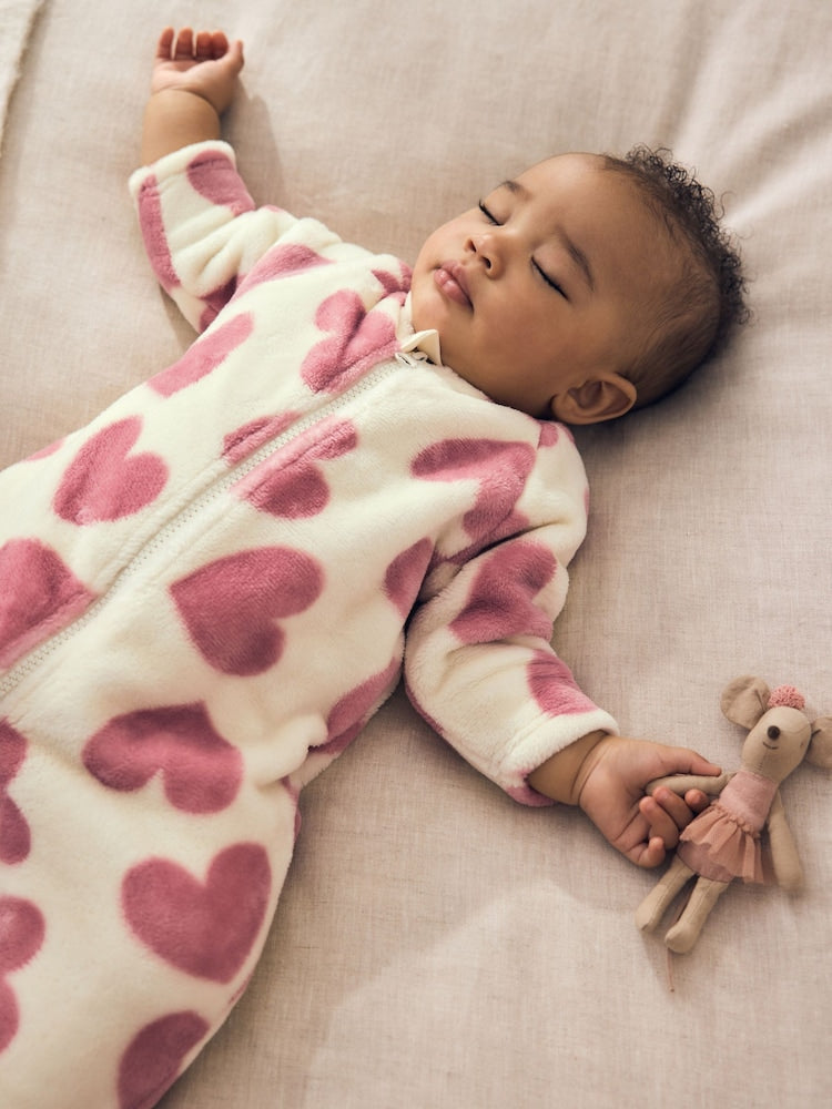 Ecru/Pink Heart Two Way Zip Fleece Sleepsuit