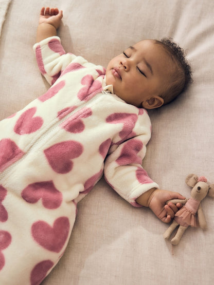 Ecru/Pink Heart Two Way Zip Fleece Sleepsuit