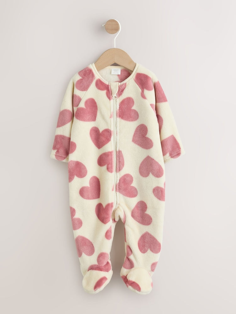 Ecru/Pink Heart Two Way Zip Fleece Sleepsuit