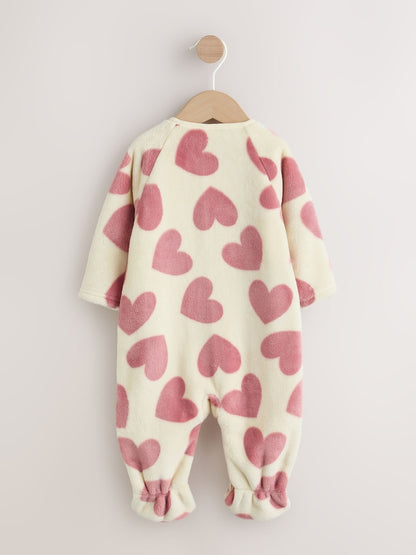 Ecru/Pink Heart Two Way Zip Fleece Sleepsuit