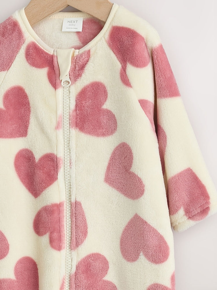 Ecru/Pink Heart Two Way Zip Fleece Sleepsuit