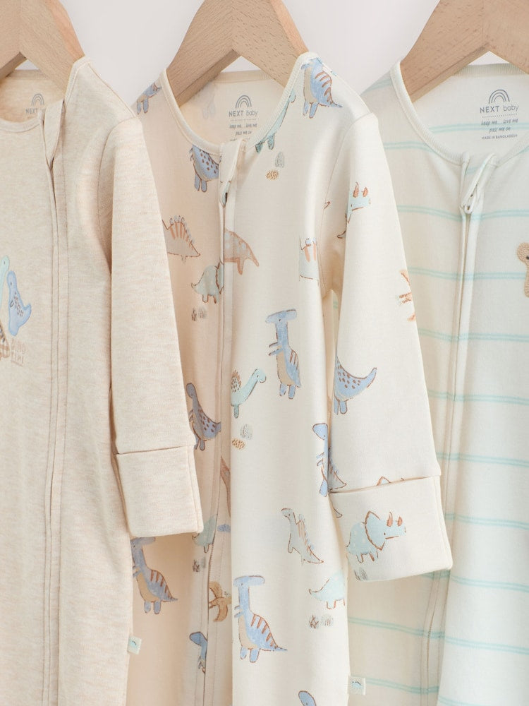 Neutral Dinosaur Baby Sleepsuits 3 Pack (0-2yrs)