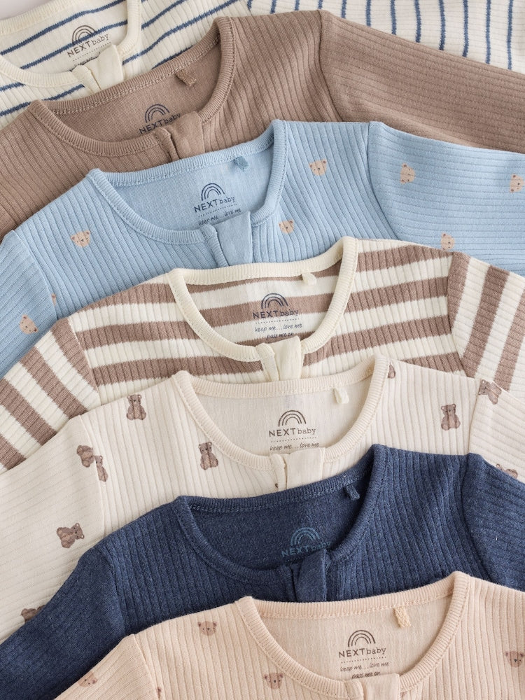 Neutral/Brown Bear Two Way Zip Baby Sleepsuits 7 Pack (0mths-2yrs)