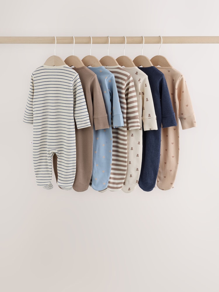Neutral/Brown Bear Two Way Zip Baby Sleepsuits 7 Pack (0mths-2yrs)
