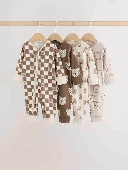 Brown Bear Two Way Zip Baby Sleepsuits 4 Pack (0mths-3yrs) - Brown Bear / Up to 1 Month (50-56cm)