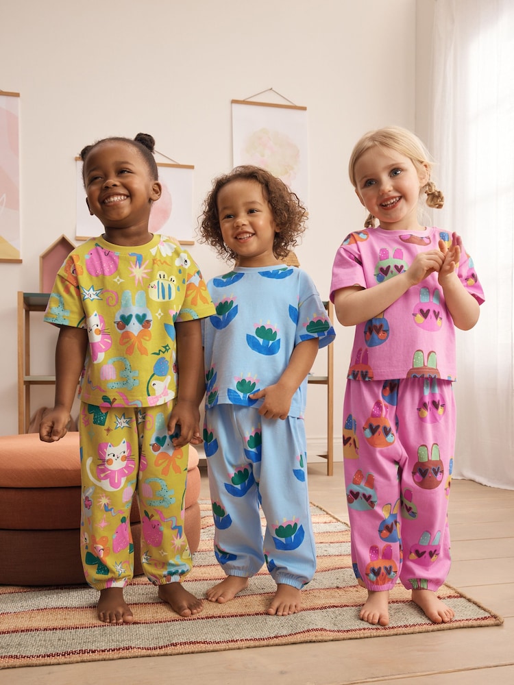Pink/Blue Cat/Floral Jogger Pyjamas 3 Pack (9mths-10yrs) - Pink/Blue Cat/Floral / 12-18 Months (80-86cm)