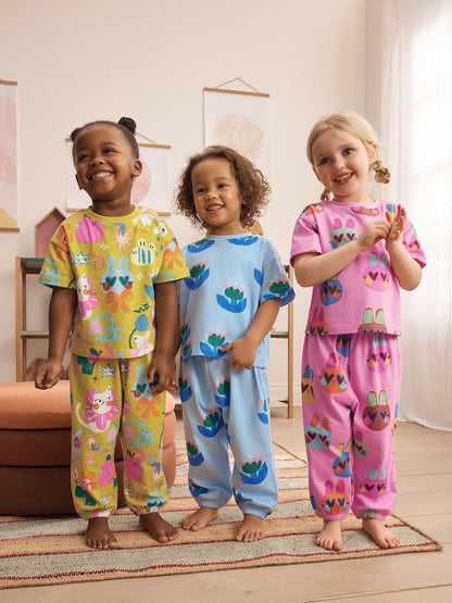 Pink/Blue Cat/Floral Jogger Pyjamas 3 Pack (9mths-10yrs) - Pink/Blue Cat/Floral / 12-18 Months (80-86cm)