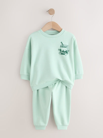 Sage Green Single Printed Crew Neck Sweat Top &amp; Joggers Set (3mths-7yrs)