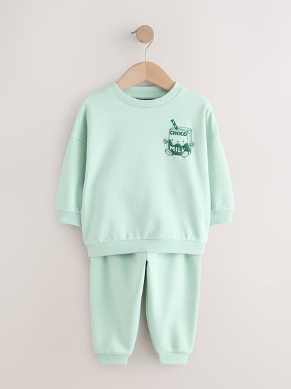 Sage Green Single Printed Crew Neck Sweat Top &amp; Joggers Set (3mths-7yrs)