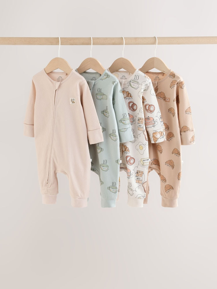 Neutral Brunch Two Way Zip Baby Sleepsuits 4 Pack (0mths-3yrs) - Up to 1 Month (50-56cm)