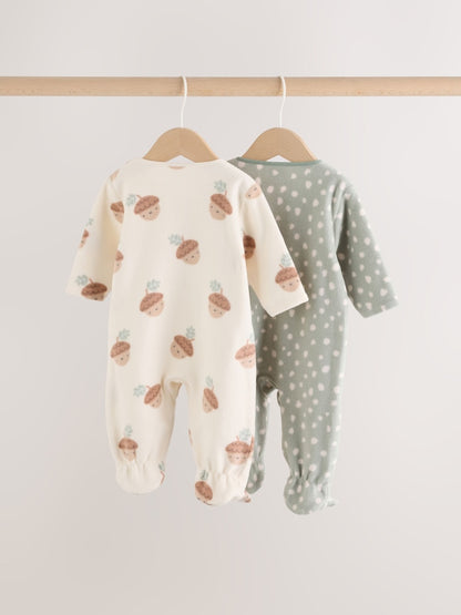 Sage Green Microfleece Two Way Zip Baby Sleepsuits 2 Pack
