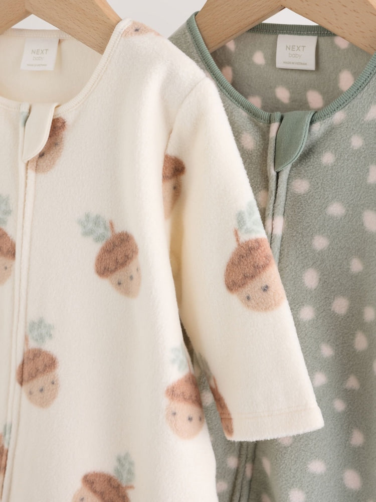 Sage Green Microfleece Two Way Zip Baby Sleepsuits 2 Pack