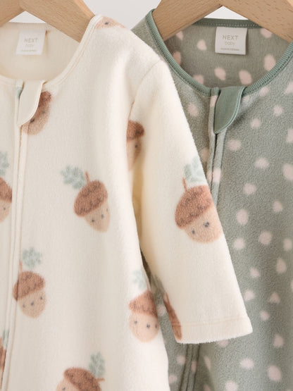 Sage Green Microfleece Two Way Zip Baby Sleepsuits 2 Pack