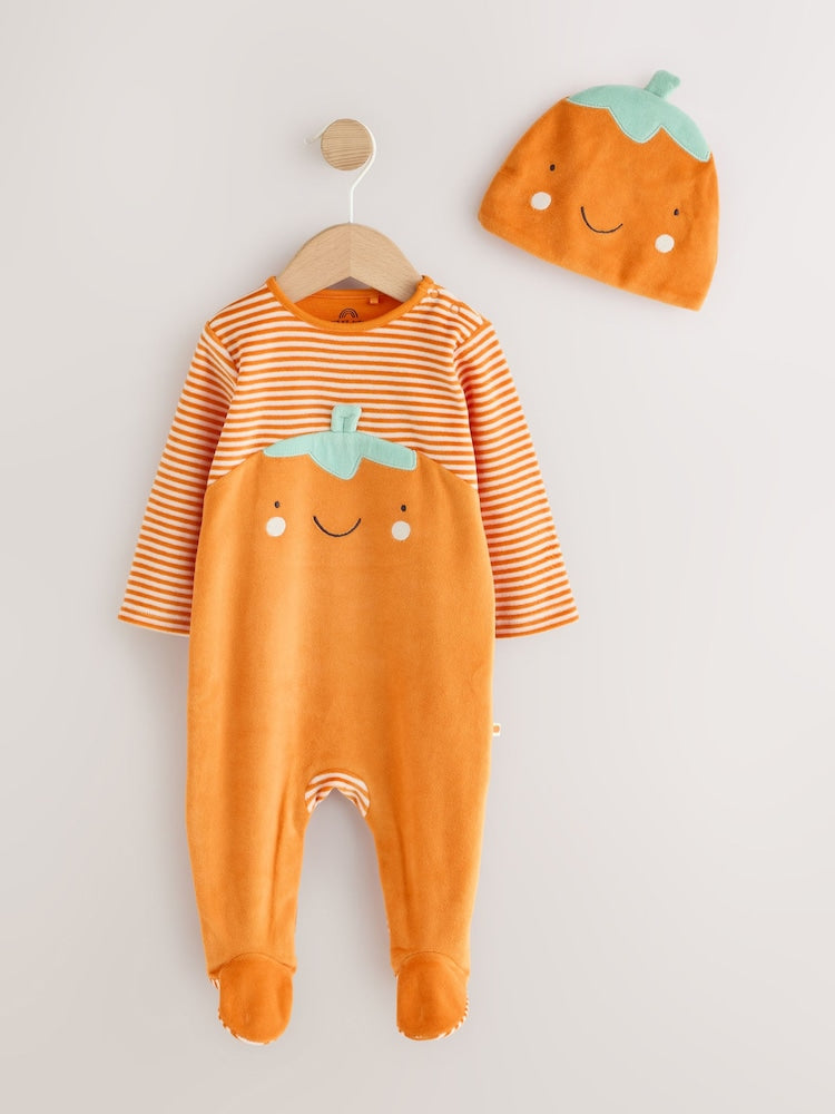 Orange Pumpkin Halloween Sleepsuit and Hat Set 2 Piece (0mths-2yrs) - Orange Pumpkin Halloween / Up to 1 Month (50-56cm)