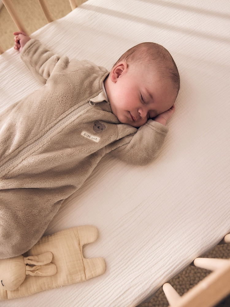 Neutral Bear Fleece Two Way Zip Baby Sleepsuit