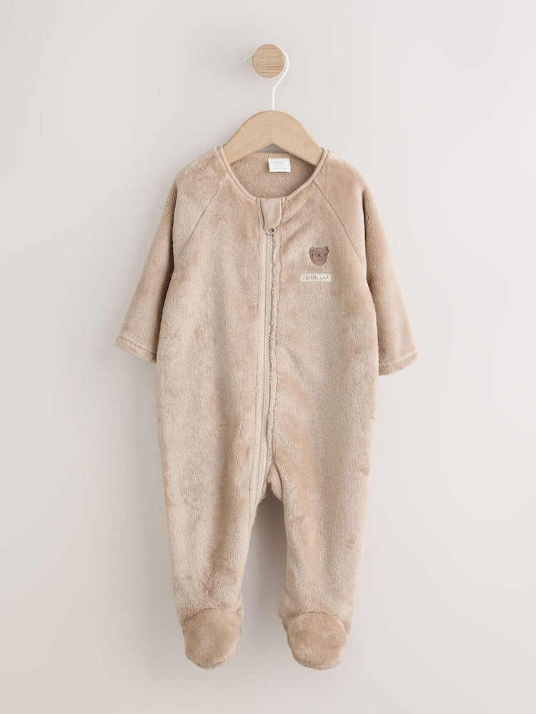 Neutral Bear Fleece Two Way Zip Baby Sleepsuit