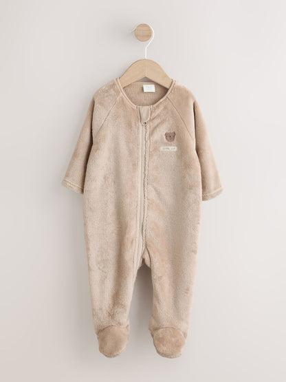 Neutral Bear Fleece Two Way Zip Baby Sleepsuit