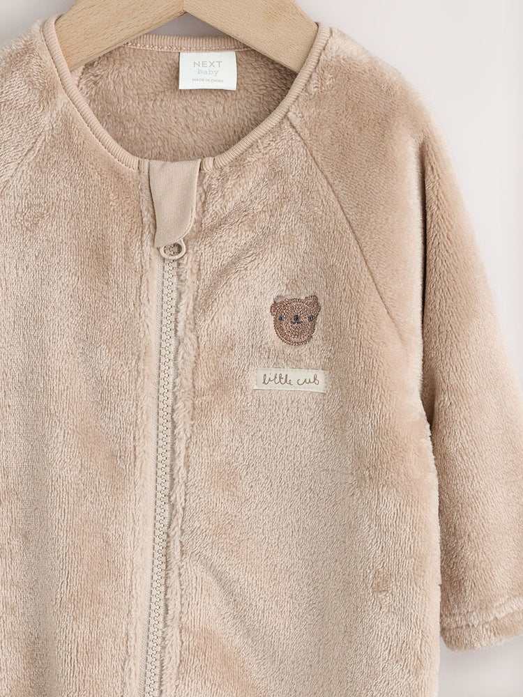 Neutral Bear Fleece Two Way Zip Baby Sleepsuit