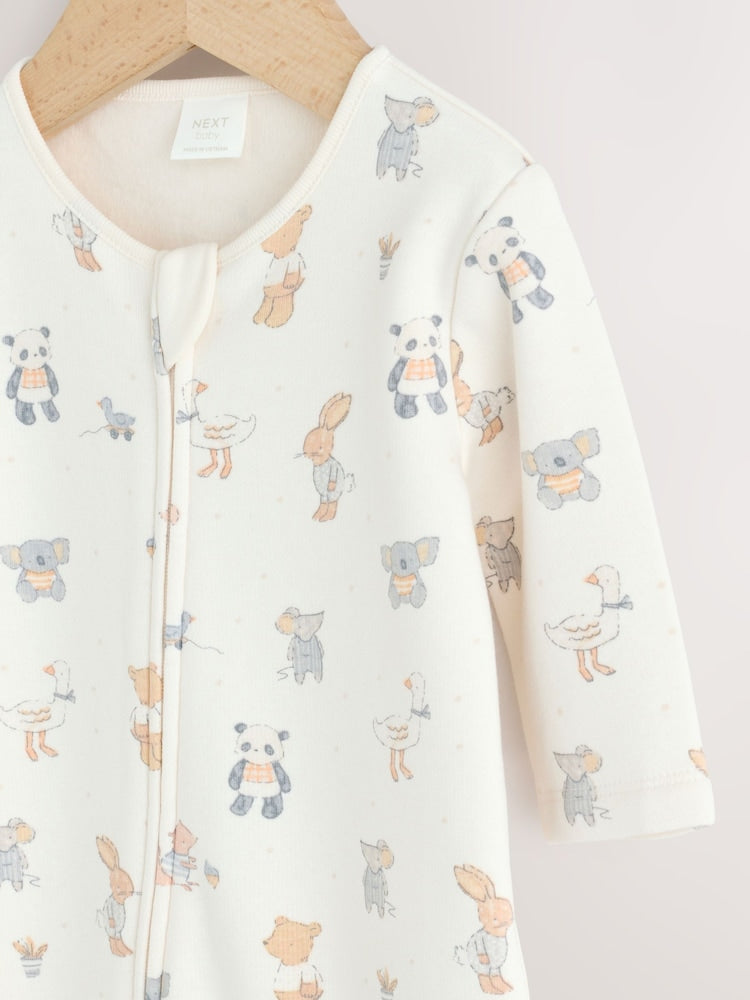 Neutral Animal Fleece Lined Two Way Zip Baby Sleepsuit