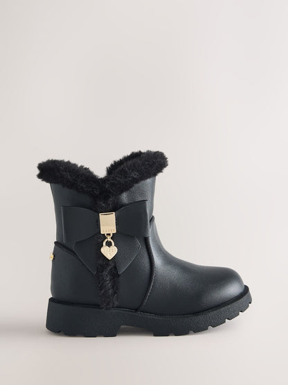 Baker by Ted Baker Chunky Faux Fur Cuff Black Boots with Bow
