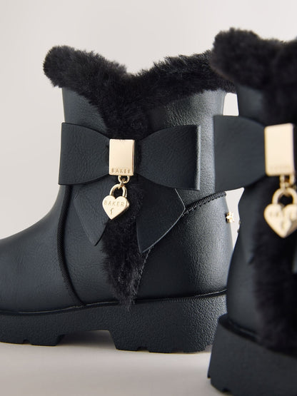 Baker by Ted Baker Chunky Faux Fur Cuff Black Boots with Bow