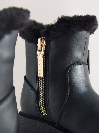 Baker by Ted Baker Chunky Faux Fur Cuff Black Boots with Bow