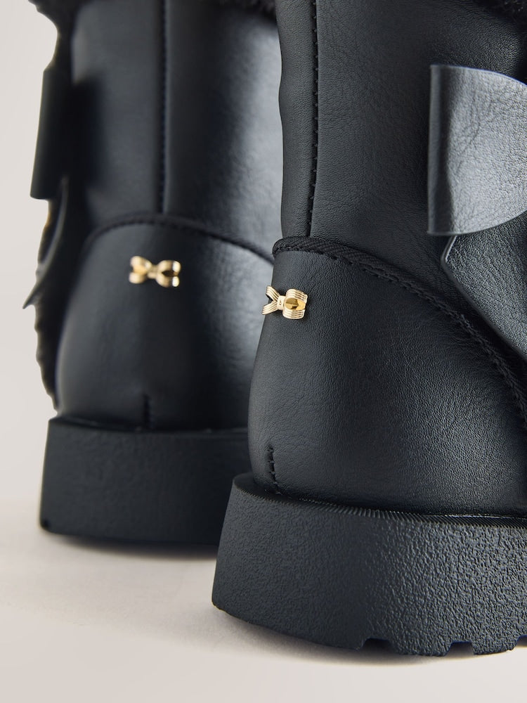 Baker by Ted Baker Chunky Faux Fur Cuff Black Boots with Bow
