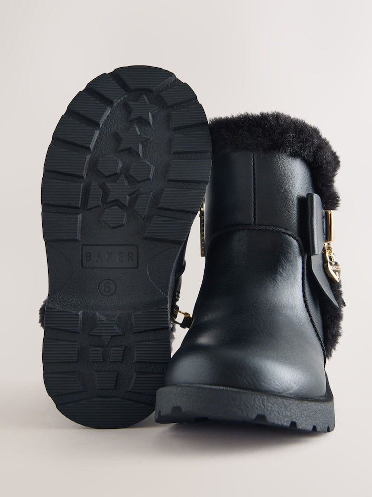 Baker by Ted Baker Chunky Faux Fur Cuff Black Boots with Bow