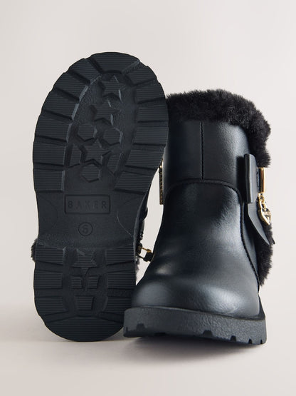 Baker by Ted Baker Chunky Faux Fur Cuff Black Boots with Bow