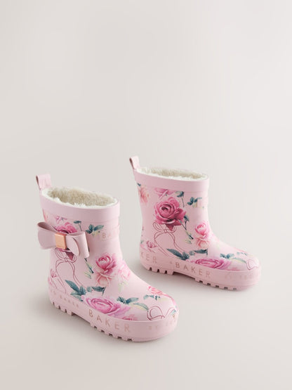 Baker by Ted Baker Pink Floral Baker by Ted Baker Faux Fur Lined Welly Boots with Bow