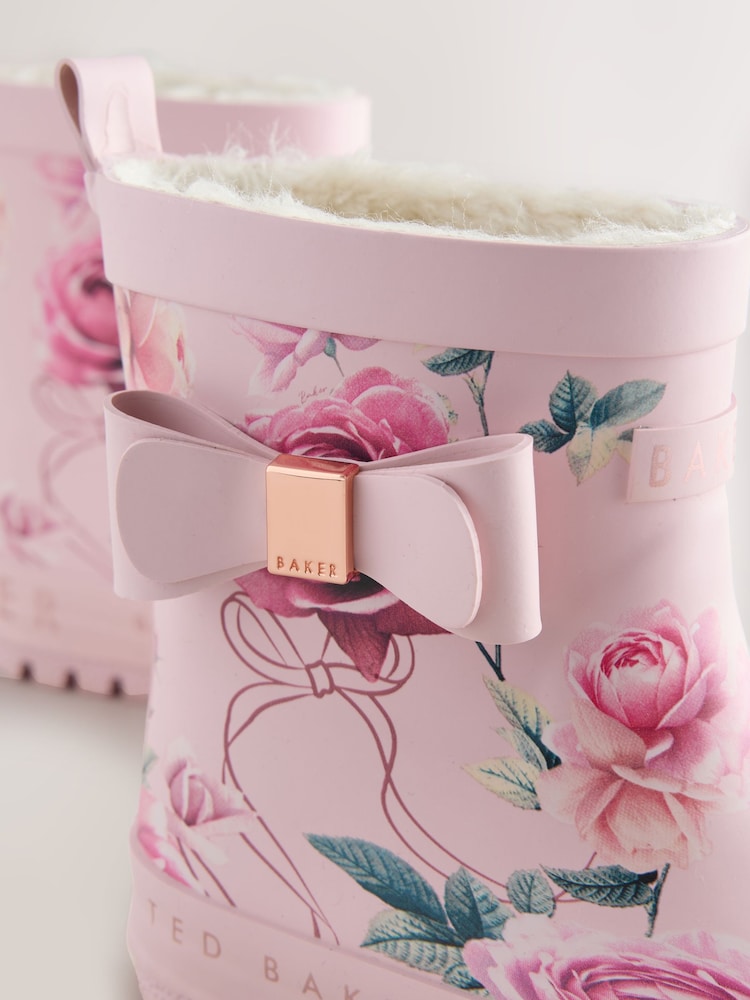 Baker by Ted Baker Pink Floral Baker by Ted Baker Faux Fur Lined Welly Boots with Bow