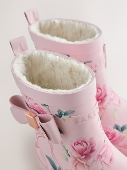 Baker by Ted Baker Pink Floral Baker by Ted Baker Faux Fur Lined Welly Boots with Bow