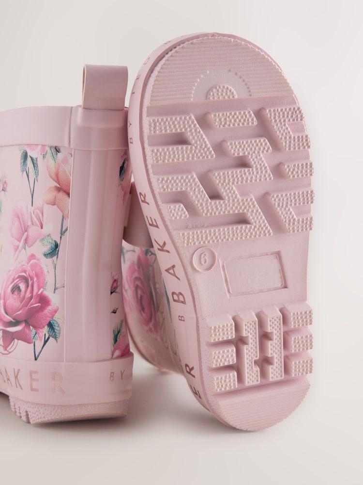Baker by Ted Baker Pink Floral Baker by Ted Baker Faux Fur Lined Welly Boots with Bow