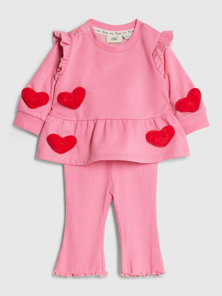 River Island Pink 3D Heart Sweat &amp; Leggings Set