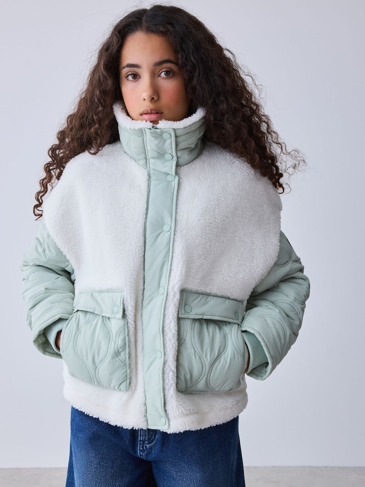 Baker by Ted Baker Cream Borg Fleece &amp; Nylon Mix Quilted Funnel Neck Jacket