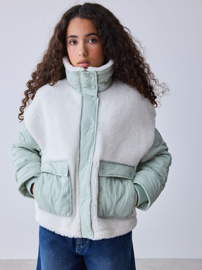 Baker by Ted Baker Cream Borg Fleece &amp; Nylon Mix Quilted Funnel Neck Jacket