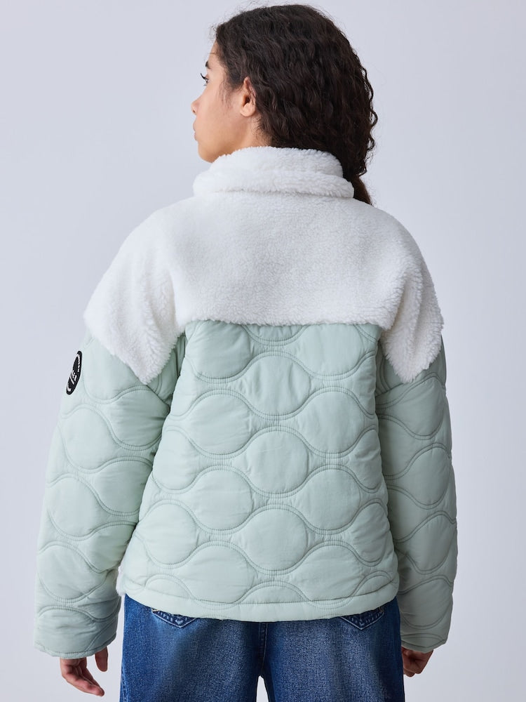 Baker by Ted Baker Cream Borg Fleece &amp; Nylon Mix Quilted Funnel Neck Jacket