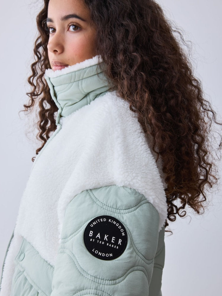 Baker by Ted Baker Cream Borg Fleece &amp; Nylon Mix Quilted Funnel Neck Jacket