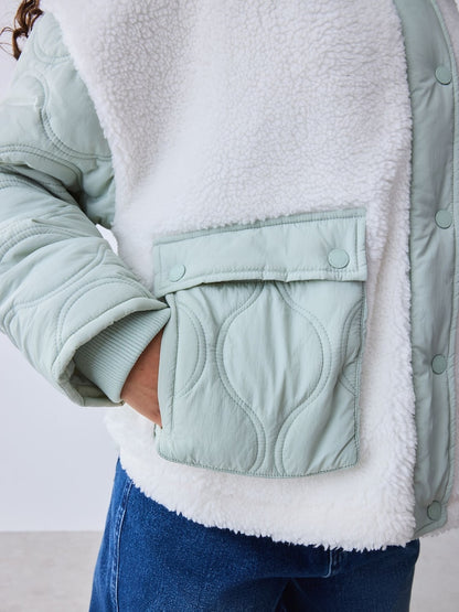 Baker by Ted Baker Cream Borg Fleece &amp; Nylon Mix Quilted Funnel Neck Jacket