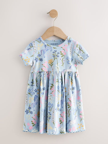 Blue Unicorn Short Sleeve Ribbed Dress (3mths-7yrs)
