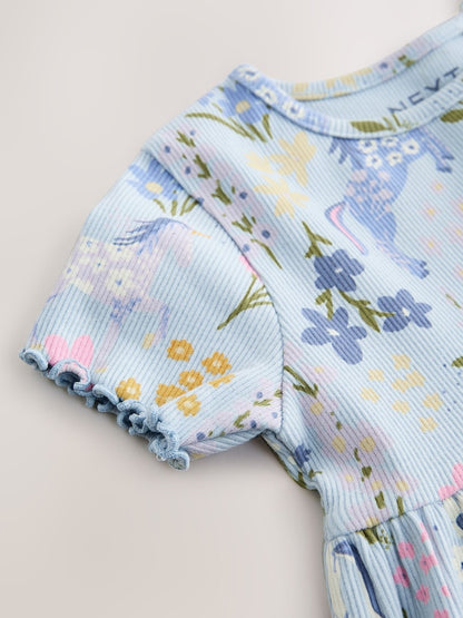 Blue Unicorn Short Sleeve Ribbed Dress (3mths-7yrs)
